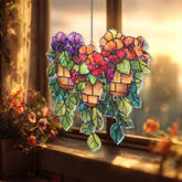 Hanging Flower Pots Acrylic Suncatcher, Stained Glass Style Colorful Blooms and Green Leaves Window Panel, Garden Nature Home Decor Gift